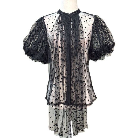 NEW Polka Dot Sheer Black Puff Sleeve Button-Up Blouse By Haute Monde Size S - Picture 6 of 13
